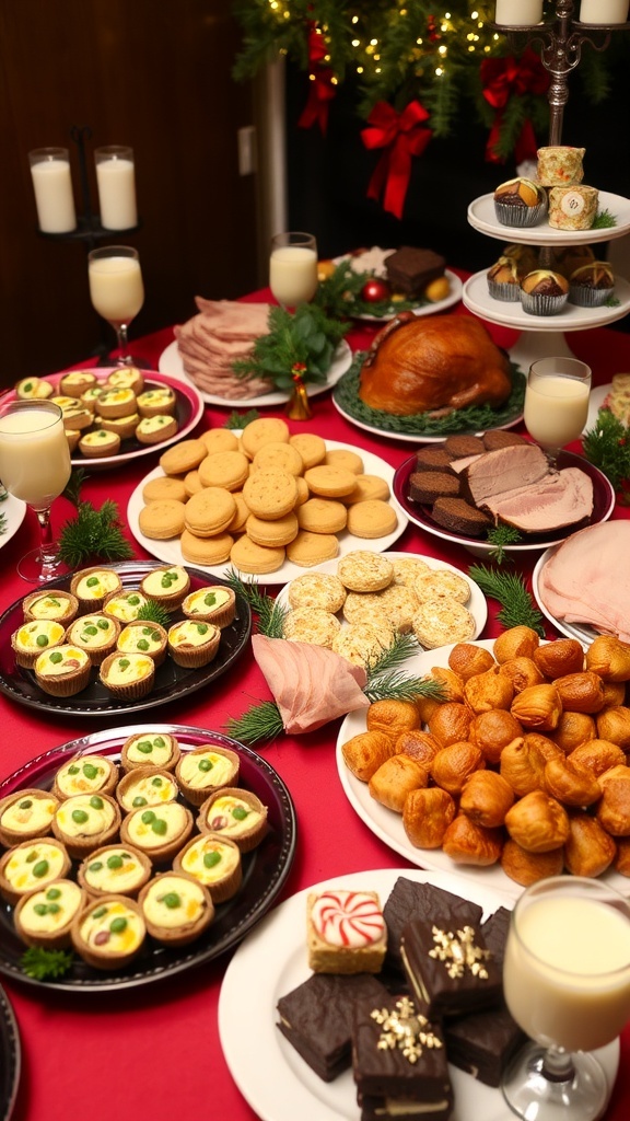 A festive Christmas catering spread with appetizers, main courses, and desserts on a decorated table.